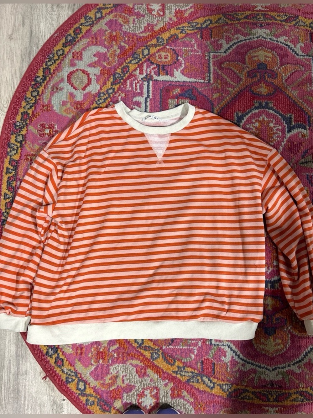 Striped Orange and White Relaxed Crewneck Sweatshirt